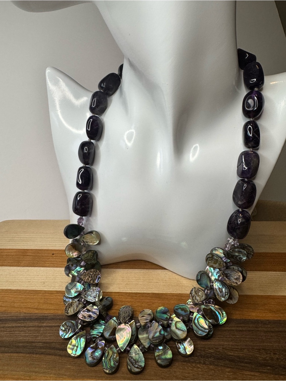 Coldwater Creek Preowned Abalone Teardrop & amethyst Stone Statement Necklace